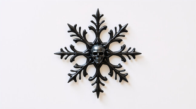 A black gothic snowflake with a skull in the center. Macabre winter holiday decoration on a white background. Alternative Christmas and Gothmas concept