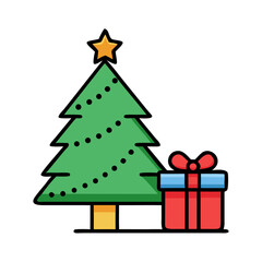 Decorated Christmas Tree with Gift Box Icon Vector Illustration