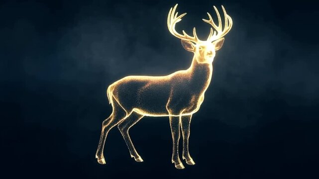 Slow push-in shot of a holographic deer made from glowing data particles materializing in a dark misty background concept of ai-constructed holiday spirit and digital miracle