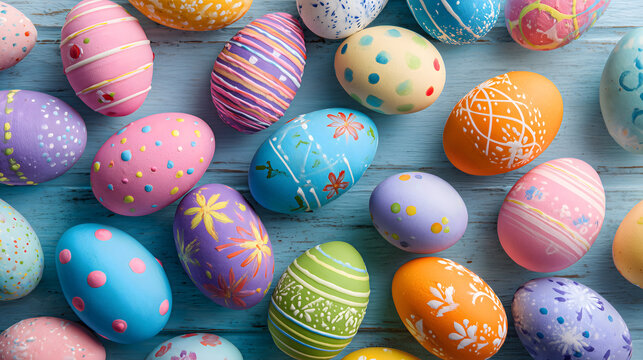 Colorful decorated easter eggs in pastel colors on blue wooden background