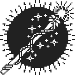 Pixel magic wand with glowing starburst and twinkling sparkles retro fantasy icon in black and white, magical energy concept