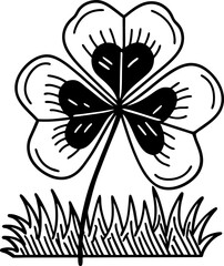 Four leaf clover illustration in grass lucky shamrock outline, botanical drawing, spring nature element, black and white floral design
