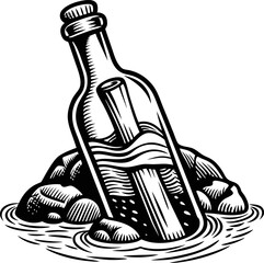 Message in a bottle washed ashore among rocks vintage hand drawn illustration, communication, adventure, lost mail, ocean mystery concept