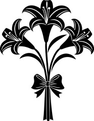 Elegant black silhouette of lily flower bouquet tied with ribbon bow floral minimalist illustration for decorative design