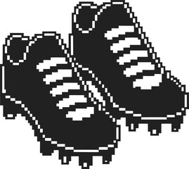 Pixel art soccer cleats black and white voxel football shoes with laces and studs, retro digital illustration