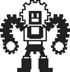 Pixel art mechanical robot with gear arms retro cyborg character, monochrome engineering figure, futuristic automation