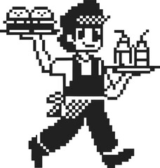 Retro pixel art waiter carrying burgers and drinks classic black and white 8 bit cafe server with tray, fast food, vintage gaming