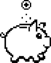 Pixel art piggy bank icon with coin retro 8 bit style, simple money saving symbol in black and white isolated illustration