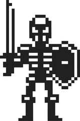 Pixel skeleton warrior with sword and shield retro 8 bit video game character, black and white icon, fantasy battle concept