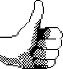 Pixelated thumbs up hand gesture black and white retro digital icon, approval, positive sign, vintage glitch art