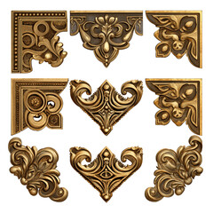 Decorative antique gold chest corners clipart set with baroque ornaments, isolated PNG on transparent background