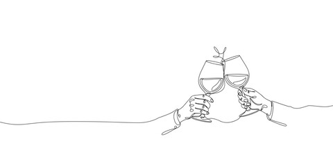 Obraz premium single continuous line drawing of pair of hands toasting with two wine glasses celebration and party concept continuous sketch doodle vector illustration banner