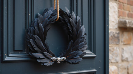 A gothic halloween wreath made of black feathers with silver skulls. Dark macabre holiday decoration hanging on a front door