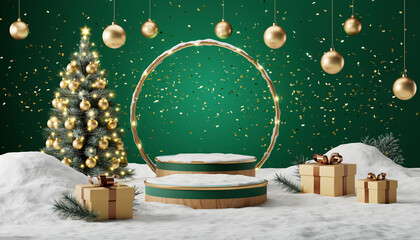 A wooden and green tiered pedestal surrounded by snow and gold gifts. A lit Christmas tree and hanging ornaments frame the display against a rich green backdrop.