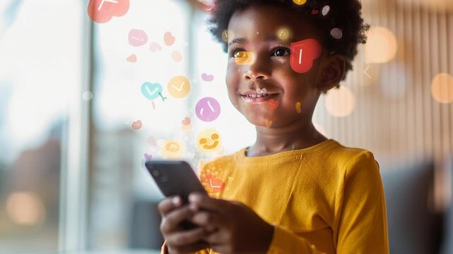 child in yellow top uses smartphone with heart icons indoors, soft focus, evoking curiosity and connection, joyful connection, digital play, childhood exploration, Valentines Day, family time