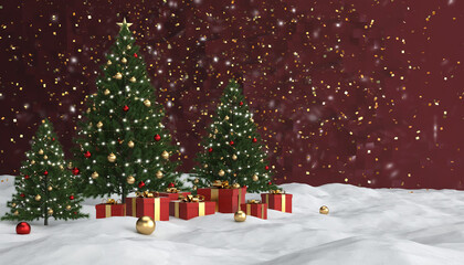 Obraz premium A winter holiday scene with three decorated Christmas trees and a pile of red and gold presents resting on a snowy ground. Sparkles fall against a deep crimson background.