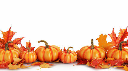 Autumn pumpkins and colorful leaves isolated on white background form border