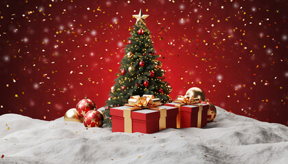 A snowy scene featuring a decorated Christmas tree and several red and gold gift boxes in the foreground. Snow and golden confetti fall against a festive red background.