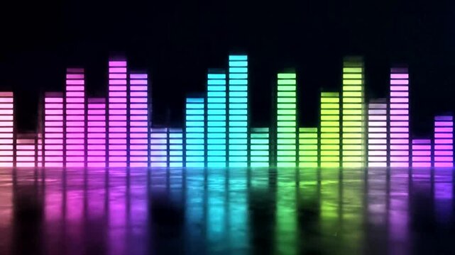 Vibrant audio visualizer with colorful spectrum bars dancing on a reflective surface with dark