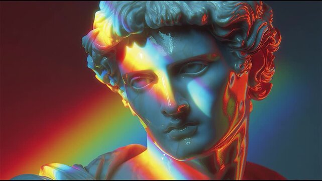 Classical marble statue illuminated by vibrant rainbow light in surreal colorful atmosphere