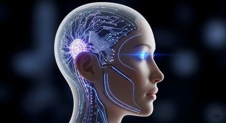 Obraz premium Futuristic female cyborg profile with glowing digital circuits illustrating advanced artificial intelligence technology and modern robotic innovation in a sleek high-tech concept