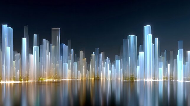 A panoramic view of a modern, futuristic city skyline at night, featuring numerous tall, translucent skyscrapers illuminated with cool blue and warm golden ligh