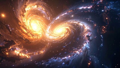 Twin spiral galaxy collision glowing in deep space symbol of cosmic dance creation and mystery of universe at distant epoch