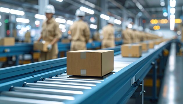 A cardboard box moves along a conveyor belt in a modern automated warehouse illustrating efficiency, logistics innovation, and global e-commerce distribution process