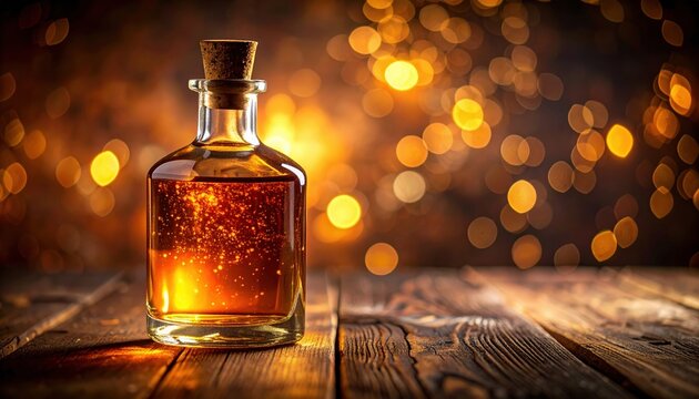 Glass bottle of golden magic potion glows on rustic oak wood table from United States, evoking autumn harvest celebration, cozy evening mood and secret wellness trend