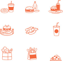 Fast food illustration set in orange monochrome style featuring burgers pizza drinks fries and snack items
