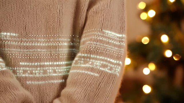 Close-up slow scroll down the texture of a christmas sweater with a glowing digital code jacquard pattern against a blurred cozy background concept of techno-nostalgia and data-driven tradition