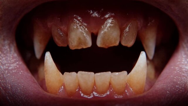 A terrifying closeup of sharp animal teeth and gums fills the frame evoking horror predator danger and primal fear suitable for thriller trailers halloween promotions or dark fantasy storytelling