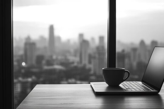 Monochrome scene of a laptop and coffee cup on a table, with a distant, blurry city skyline viewed through a window.