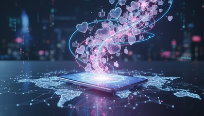 Smartphone on world map emitting floating heart and like icon stream to symbolize global social media connection and online community love