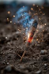 close-up photograph of a Roman candle firework. The firework is stuck in the ground by its base and is actively igniting, producing bright orange sparks and glowing particles.