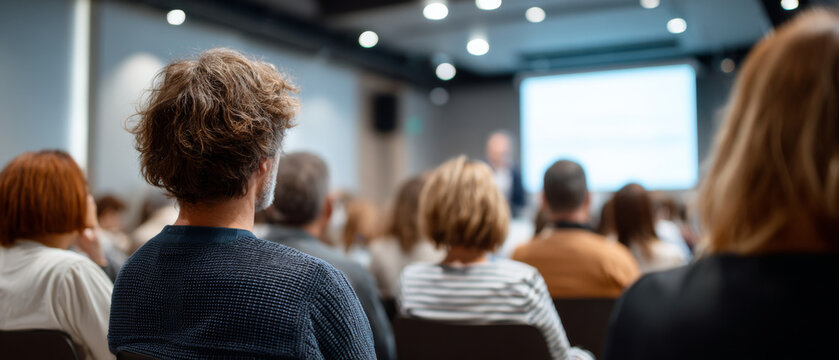 Audience attending a seminar or presentation in a modern conference room with focus on a man with curly hair from behind