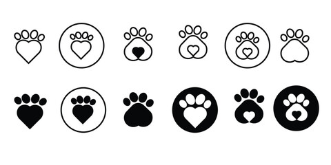 Paw print icon. Pet animal health care insurance symbol. Dog or cat footprint mark vector. Kitty paw with heart sign. Pet love logo.