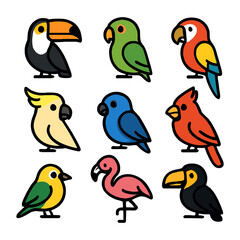 Obraz premium Colorful cartoon birds collection featuring toucans, parrots, flamingo, cardinal, parakeet.