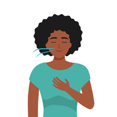 Mental health concept with pretty young woman. Young girl doing breathing exercise. care. Awareness, mindfulness and meditation. Flat vector illustration isolated on white background