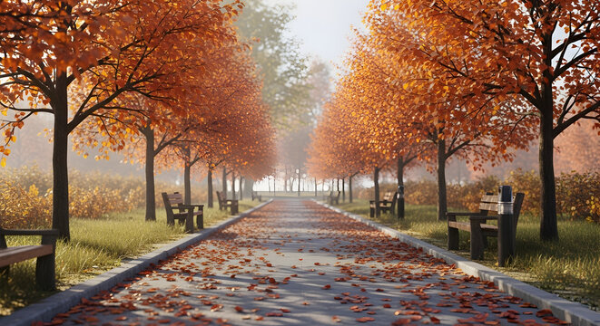 A picturesque park pathway lined with trees displaying vibrant autumn foliage, with fallen leaves scattered across the ground and benches inviting rest. - Powered by Adobe