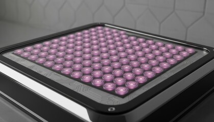 Futuristic panel of soft violet led lights on circuit board suggests smart wellness tech for home spa ritual in modern bathroom evening mood