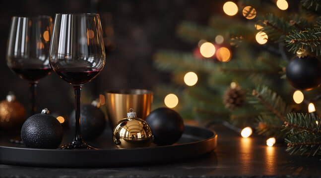 Two glasses of red wine with black and gold Christmas ornaments on a tray. Festive holiday background with a glowing tree and bokeh lights. New Year's Eve celebration