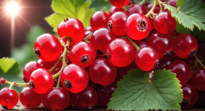 Red currant grows on bush in garden. Nature, organic food and gardening