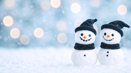 Two cute snowmen in black hats and scarves. Gothic Christmas holiday winter background with snow and bokeh. Gothmas festive banner with copy space for text