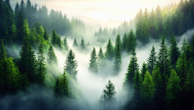 A breathtaking view of a dense pine forest shrouded in thick, ethereal mist. Sunlight filters through the fog, illuminating the lush green trees and creating a - Powered by Adobe