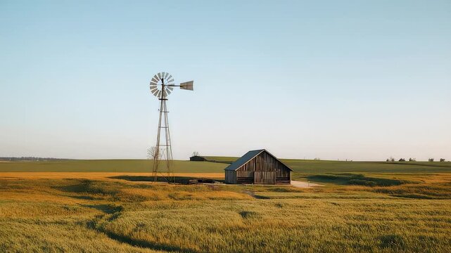 Peaceful rural landscape with a wooden barn and tall windmill surrounded by golden fields under a clear sky, creating a calm countryside atmosphere