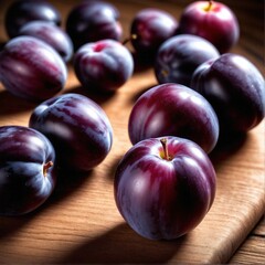 Obraz premium Fresh purple plum fruits on dark wooden table.