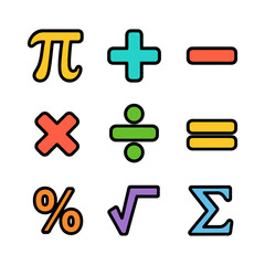 Obraz premium Colorful mathematical symbols including pi and operations on white background.