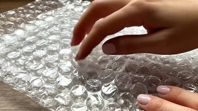 Satisfying popping sensation a woman's hand indulging in the simple joy of popping bubble wrap