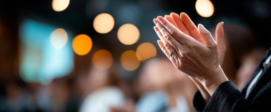 Close-up of hands clapping in appreciation during an indoor event with blurred audience and warm bokeh lighting in the background